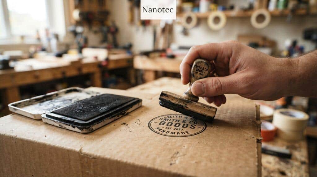 Aplicación de un sello de goma sobre packaging de cartón